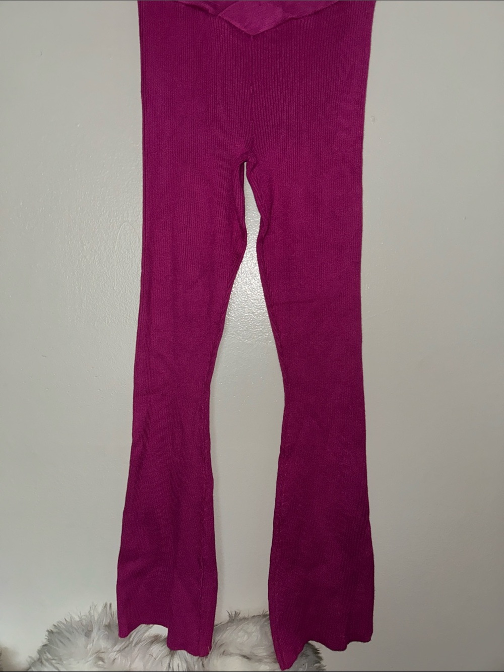 Ribbed Knit Lounge Pants Flare Leggings Fitted Fuchsia Flare Pink EUC
